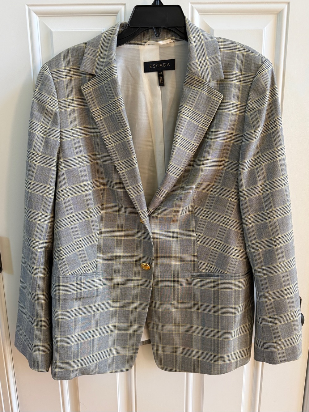 Escada Grey Glen Plaid Blazer with Yellow Accents